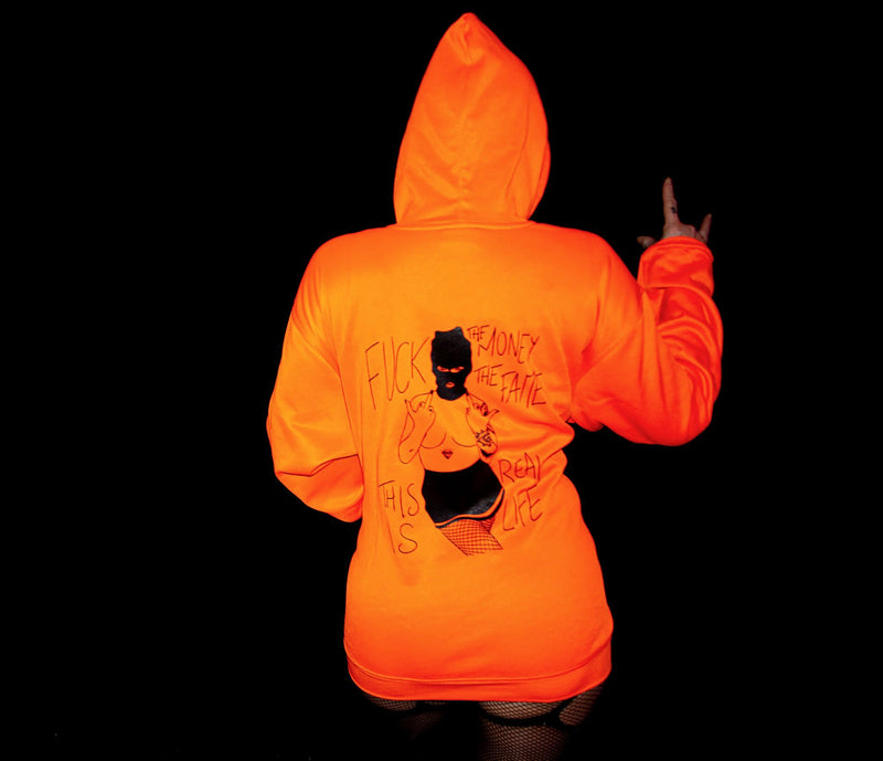 Fluo Hoodie This Is Real Life — back view with rock hands